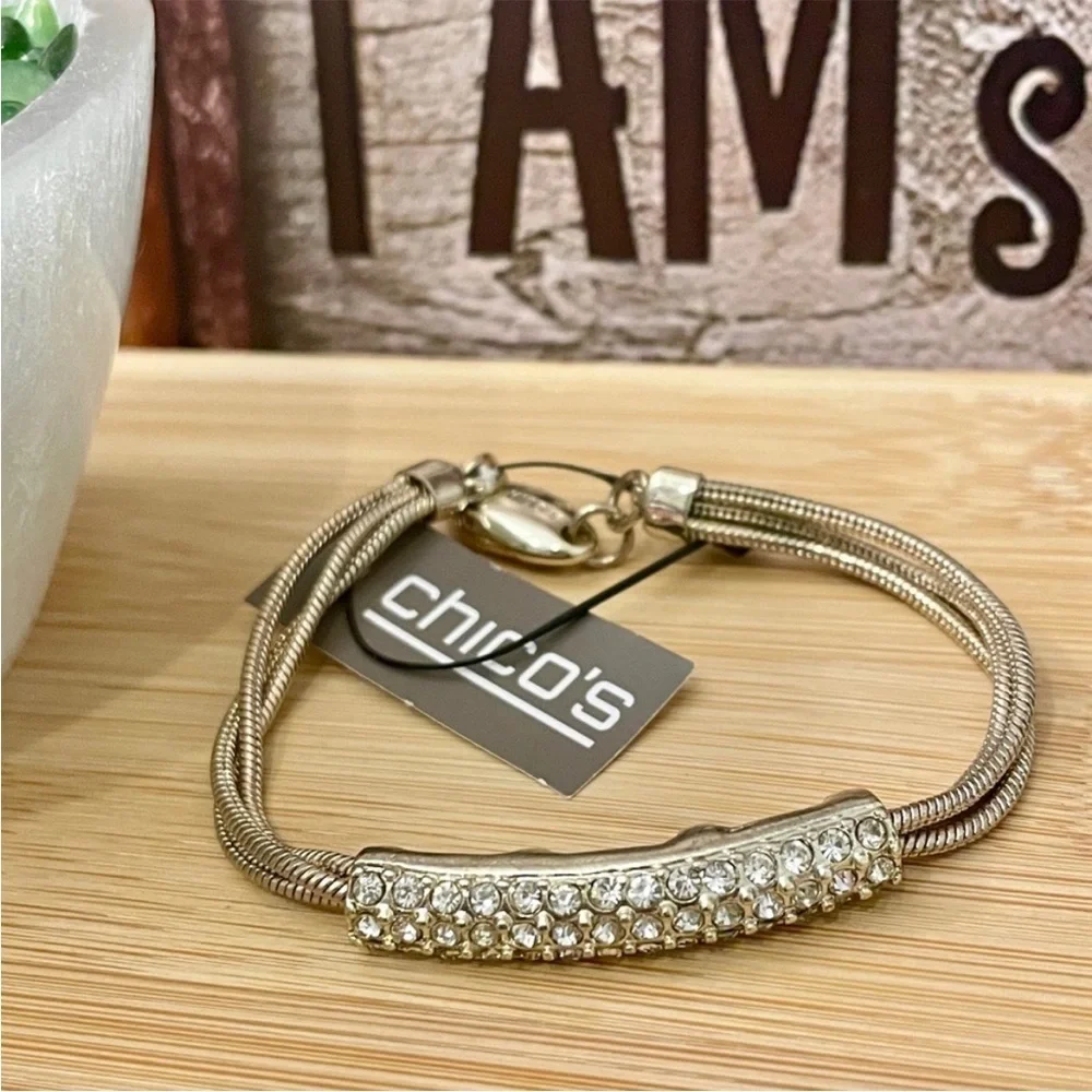 NWT Chicos Silver Rhinestone Multi Strand Rope Bracelet
